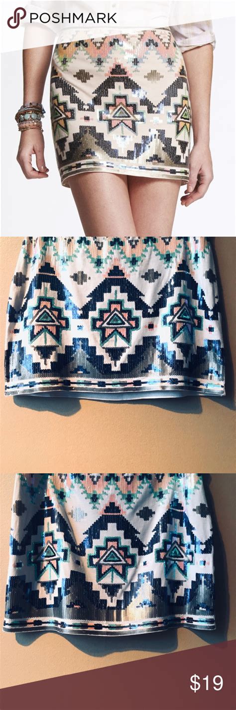 Express Aztec Printed Sequin Mini Skirt Sequin Mini Skirts Mini