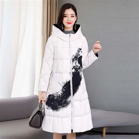 Женское Свободное длинный пуховик пальто с принтом зимняя двухсторонняя ...