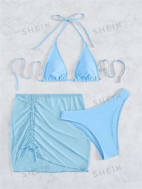 SHEIN Swim Vcay Summer Beach Solid Bikini Set Halter Triangle Bra