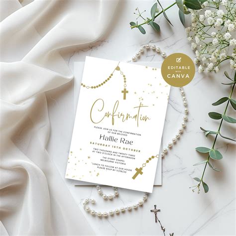 Confirmation Invitation Catholic, Rosary Design in Gold and White, for ...