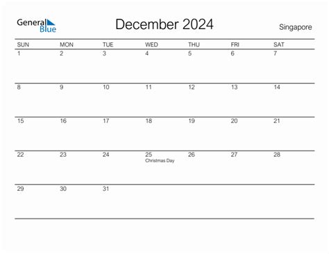 Printable December 2024 Monthly Calendar with Holidays for Singapore