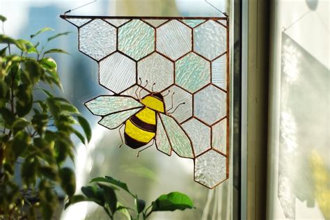 Stained Glass Honeycomb Clear Corner Honeycomb Bee Suncatcher Stained Glass Panel Custom Stained