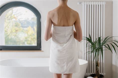 Back View Nude Woman Standing Wrapped Towel Stock Photos Free