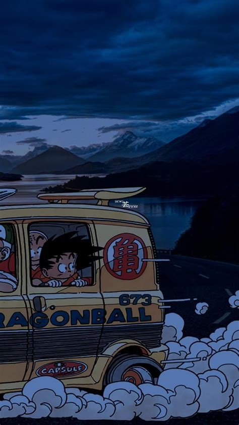 An Animated Van Driving Down The Road With Clouds Around It And