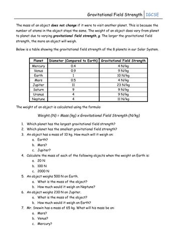 Gravitational Field Strength Calculations Worksheet | Teaching Resources