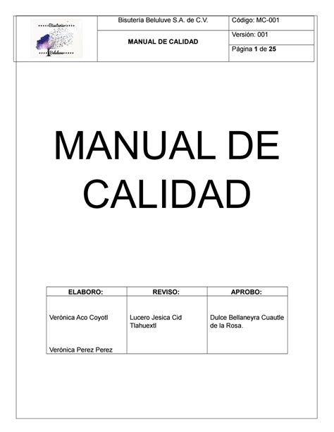 Manual De Calidad De Una Empresa Ejemplo