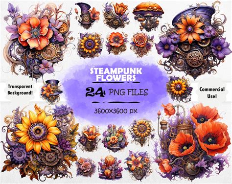 Watercolor Steampunk Flowers Clipart Bundle Mechanical Flowers PNG