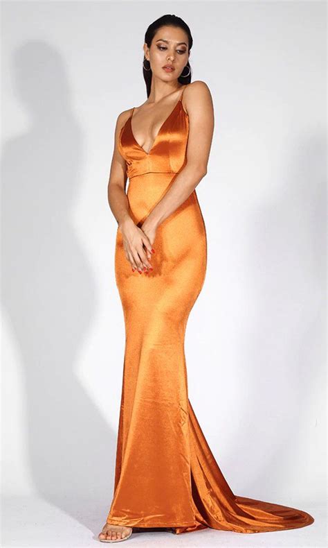 Making It Memorable Orange Gold Satin Sleeveless Spaghetti Strap Plunge