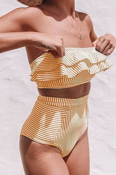 High Waist Striped Ruffle Bikini Set