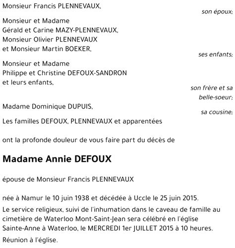 Avis De Décès De Annie Defoux Décédé Le 25062015 à Ukkel Annonce