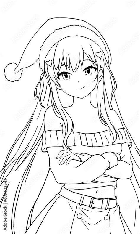 Sketch Of A Girl In Anime Style Wearing A Santa Claus Hat For Christmas Line Art Stock