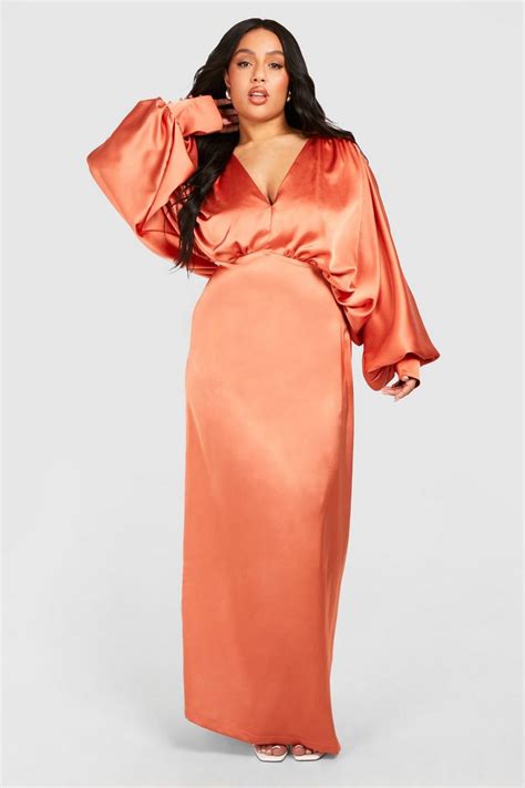 Plus Satin Plunge Blouson Sleeve Maxi Dress Boohoo Uk