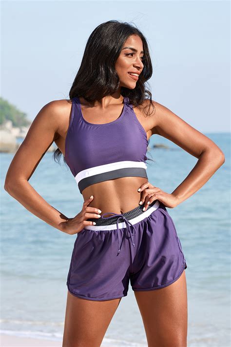 Purple Colorblock Racerback Sporty Bikini Top With Boy Short Set