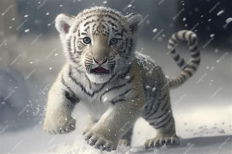 Premium Photo | Cute white baby tiger playing in winter snow generative ai