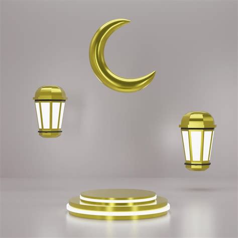 Premium PSD 3d Render Gold Podium With Gold Ramadan Lantern