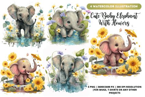 Cute Baby Elephant With Flowers Bundle Graphic By Markicha Art