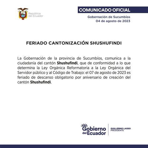 FERIADO POR 39 ANIVERSARIO DE CANTONIZACIÓN SHUSHUFINDI 2023