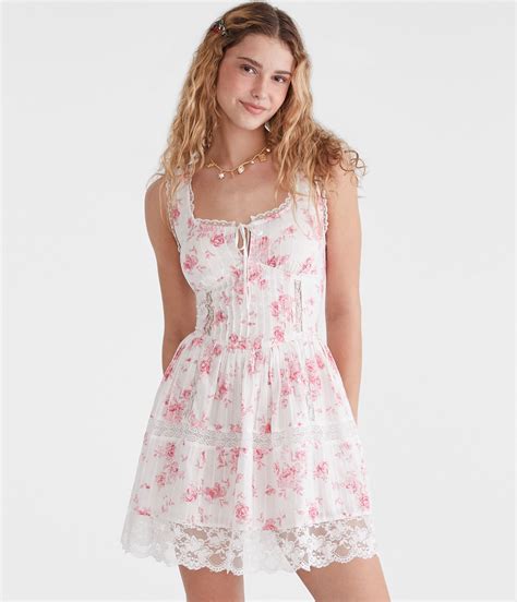 Floral Scoop-Neck Corset Lace Mini Dress