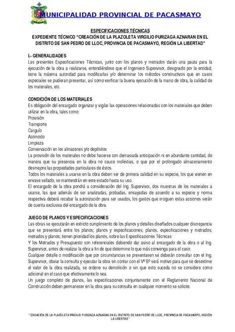 Especificaciones Técnicas Estructuras ESPECIFICACIONES TÉCNICAS