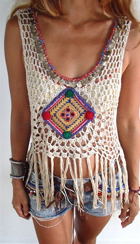 Handmade Crochet Fringe Top With Vintage Jewelry Boho Top Vestidos De