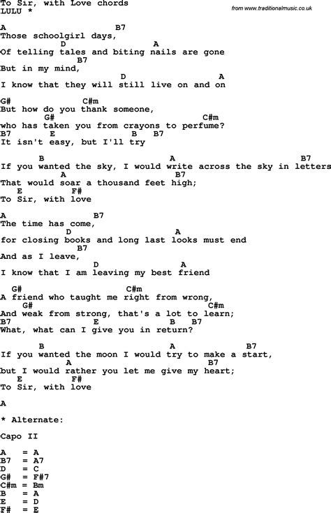 Song lyrics with guitar chords for To Sir With Love