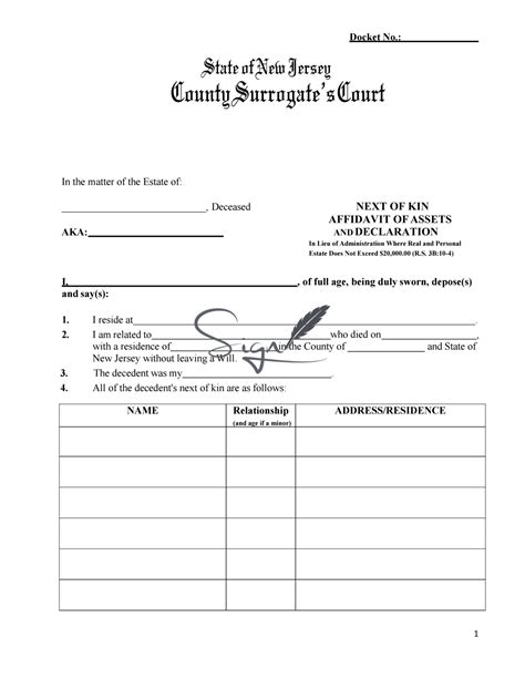 New Jersey Next Of Kin Affidavit Of Assets And Declaration Templates