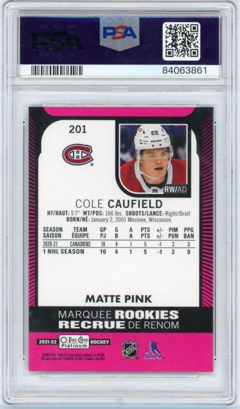 Cole Caufield 2021 22 OPC Platinum Matte Pink Marquee Rookie 201 PSA 9