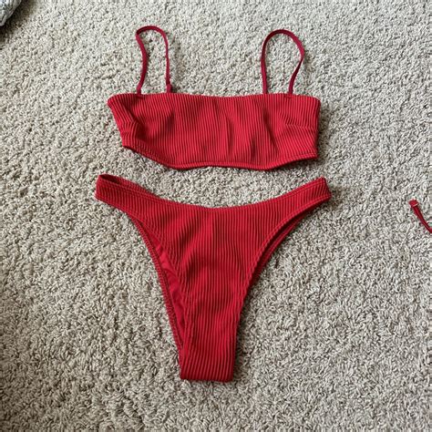 Hollister Red Ribbed Cheeky Bikini Bandeau Depop