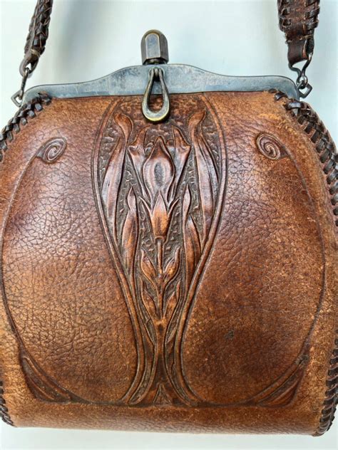 Antique Art Nouveau Hand Tooled Leather Purse Gem