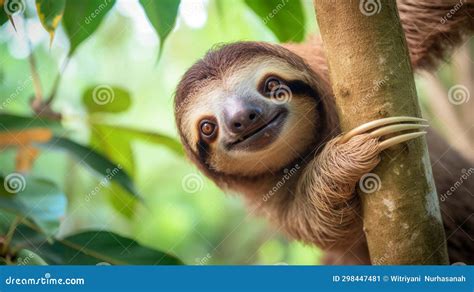 Cute Sloth Hanging On Tree Branch With Funny Face Look Perfect