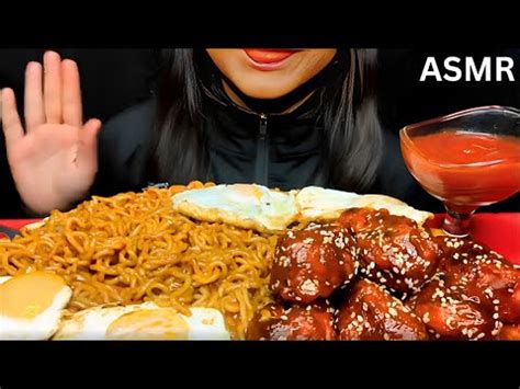 Asmr Spicy Black Bean Noodles With Fried Eggs And Korean Fried Chicken