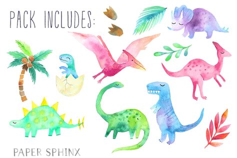 Watercolor Dinosaurs Hand Painted Graphics Pack MasterBundles