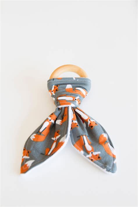 Natural Wood Teething Ring Grey With Orange Fox Etsy