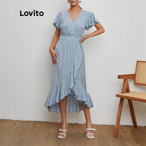 Lovito Boho Ditsy Floral Flounce Sleeve Ruffle Hem Wrap Ball Gown Dress