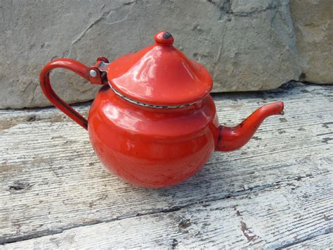 Vintage Red Enamel Teapot Red Enamelware Soviet Tea Pot Small