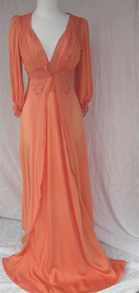 Elegant Coral Silk Gown And Chiffon Robe Set