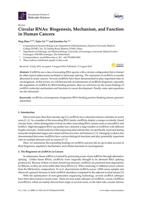 PDF Circular RNAs Biogenesis Mechanism And Function In Human Cancers