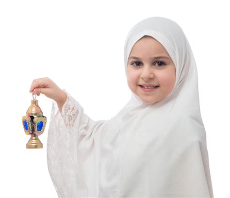 Premium Photo Young Girl In White Hijab With Ramadan Lantern