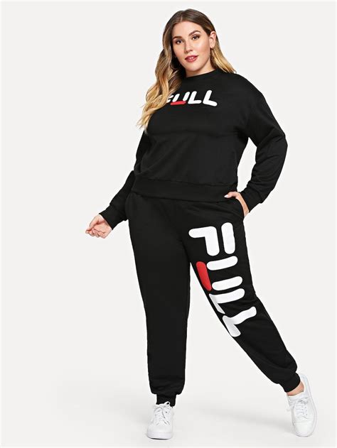 Shein Plus Letter Graphic Pullover And Sweatpants Set Calça De Moletom