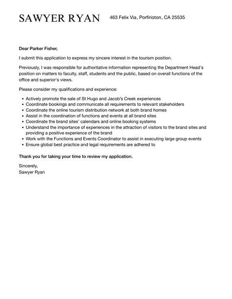 Tourism Cover Letter Velvet Jobs