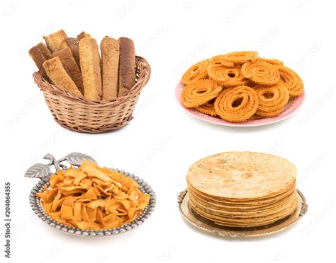 Collage Of Indian Sweet And Salty Chakli Soya Chips Toast Tea Time Snack And Khakra Isolated