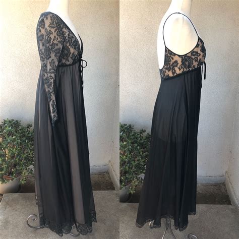 Vintage S Peignoir Lingerie Set Black Nude Lace C Gem