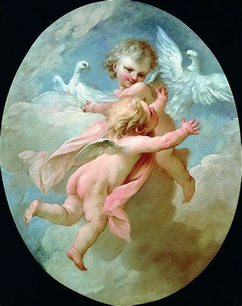 An Image Of Two Cherubs With Doves In The Sky And Clouds Behind Them