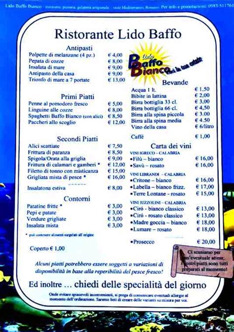 Carta Del Restaurante Lido Baffo Bianco Rossano Stazione