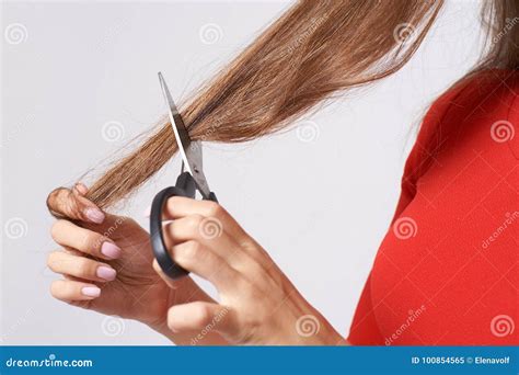 Haircut With Scissors Long Hair Brunette Stock Image Image Of