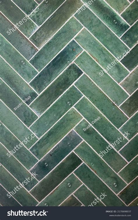 Green Jade Handmade Retro Tiles Herringbone Stock Photo