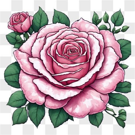 elegant pink rose  green leaves cartoons  creative
