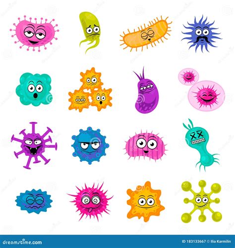 Cute Bacteria Virus Germ Cartoon Character Set Microbe And Pathogen