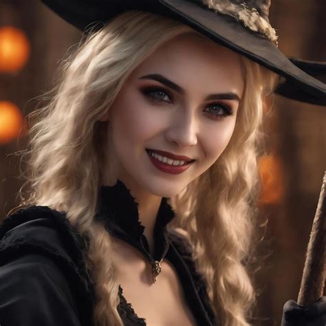 Premium Photo Excited Blonde Witch Posing With Broom