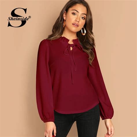 Sheinside Burgundy Frilled Neck Knot Blouse Long Sleeve Womens Tops